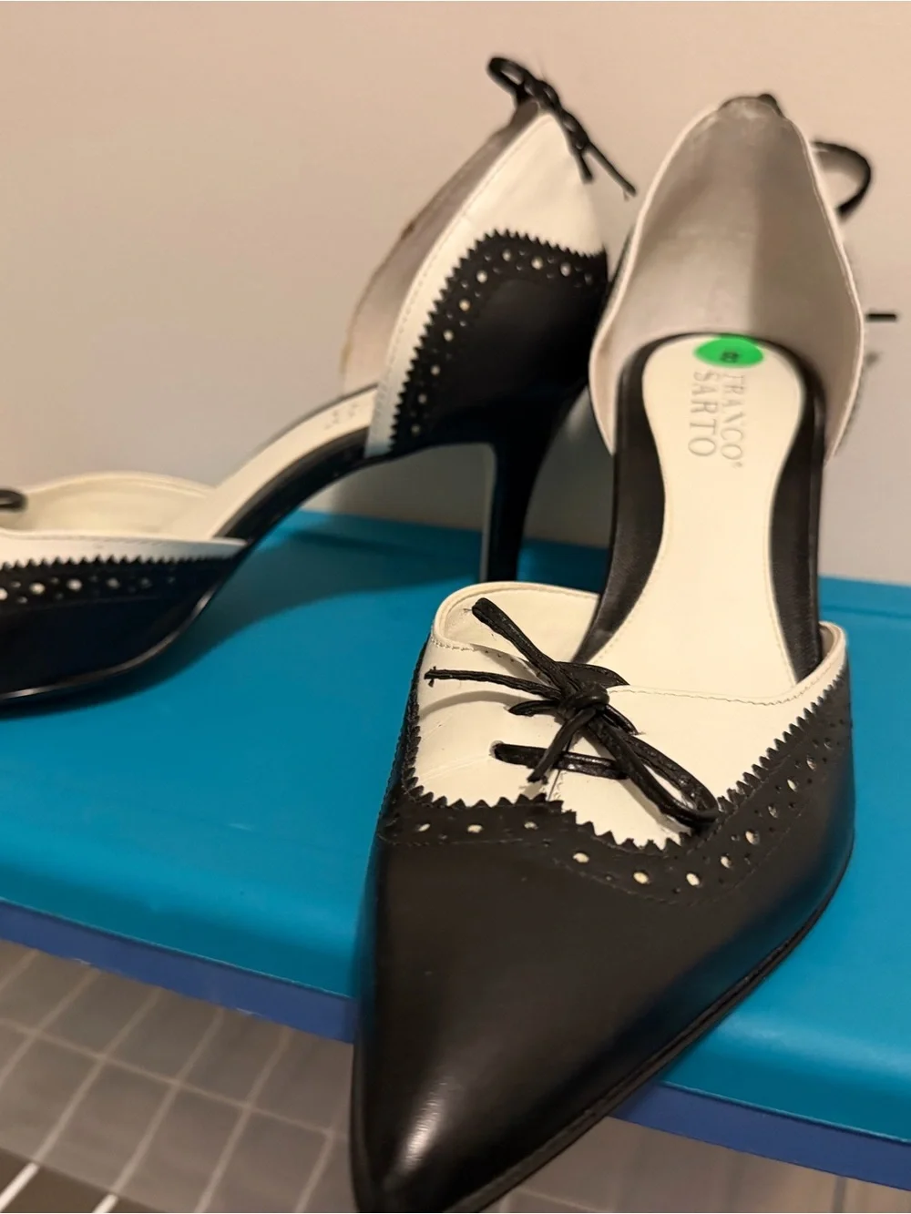Franco Sarto Black and White Pointed D'Orsay Flats with Bow